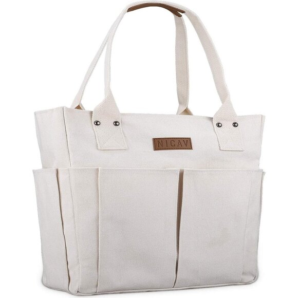Women's White Tote Bags Large Utility Bags with Pockets Zip for Teacher Work - Picture 1 of 9